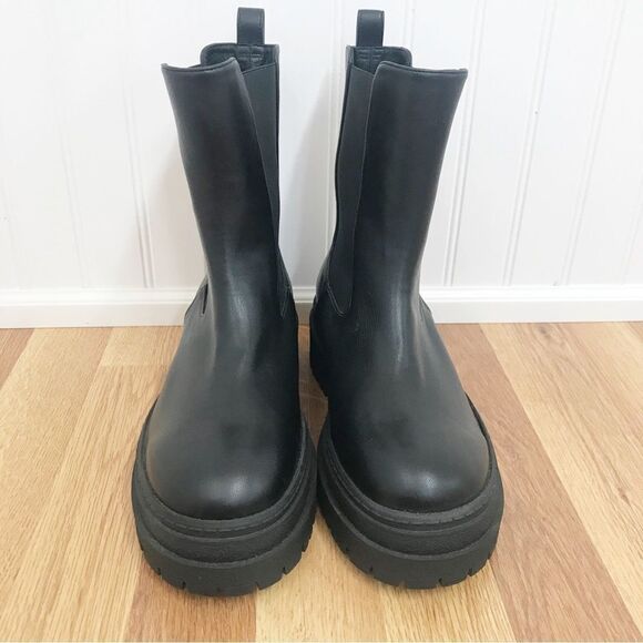GOOD AMERICAN Black Leather Platform Chelsea Boot Bootie Midi Lug Sole Size 8 - Picture 4 of 10